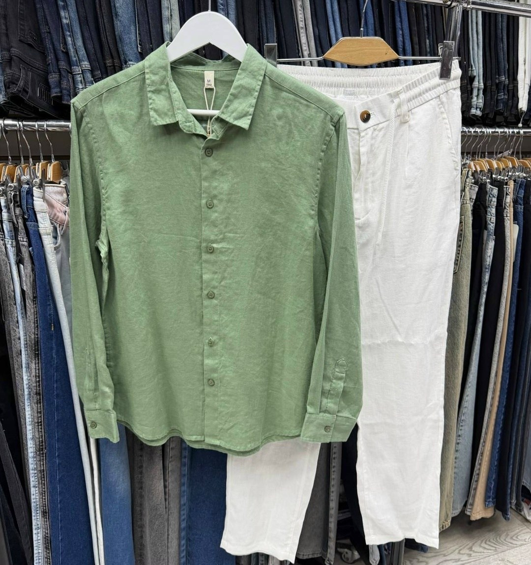 льняная рубашка,льняная рубашка мужская,повседневная рубашка,рубашка зеленая,рубашка