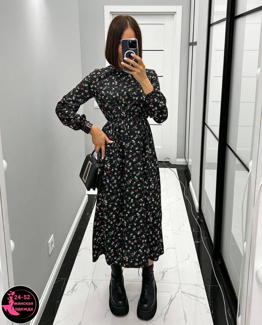 платье женское,модные платья 2026,платье женское черное в цветочек с длинным рукавом,платье ,женское платье миди
