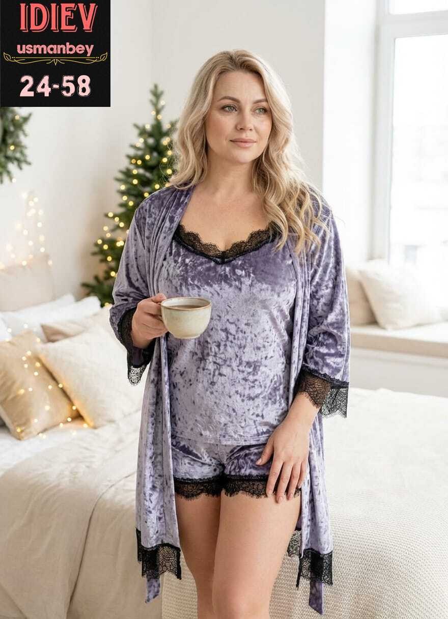 пижама велюровая женская,комплект велюровый,пеньюар комплект,велюровый халат женский,халат пеньюар