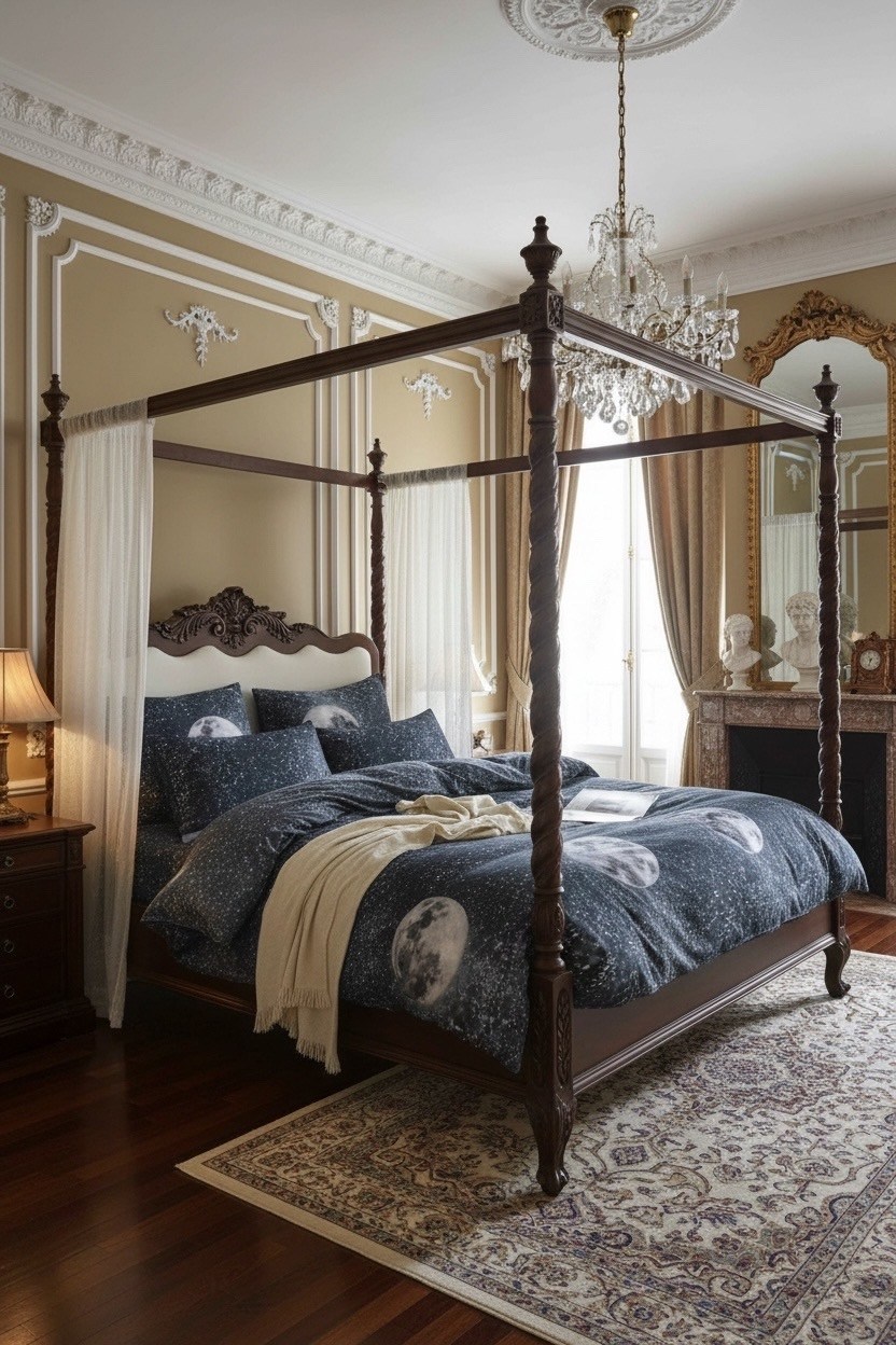 кровать с балдахином,интерьер спальной,деревянная кровать с балдахином,кровать с балдахином двуспальная деревянная,спальни дизайн