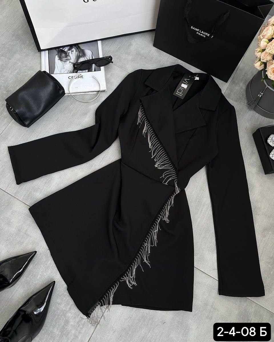 платье-пиджак,платье пиджак на запах с бахромой из страз,платье женское черное,платье пиджак с бахромой из страз,стильное платье пиджак