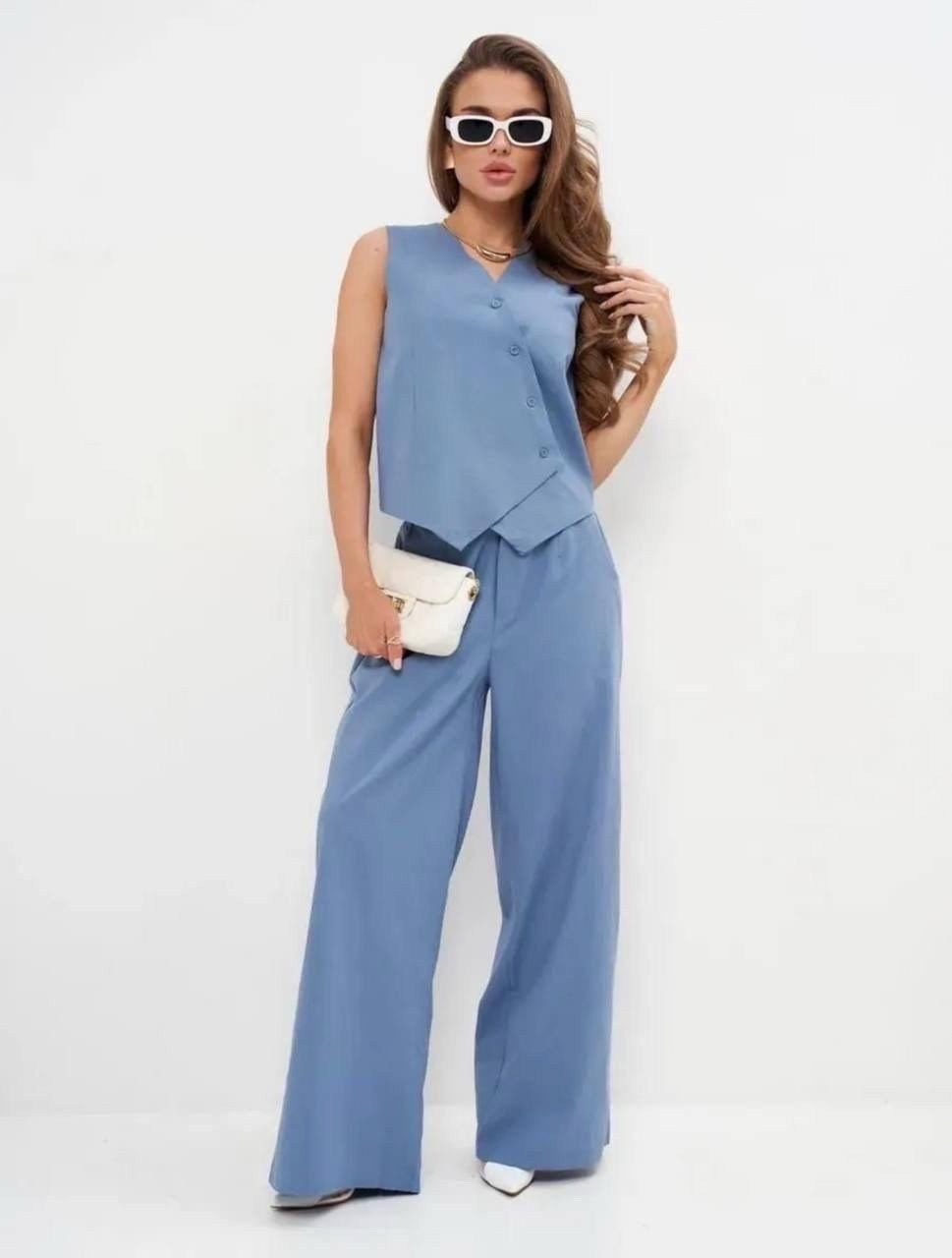 костюм летний льняной с жилетом и брюками палаццо,брючный костюм,льняной костюм женский летний брючный,льняной брючный костюм,брючный костюм женский