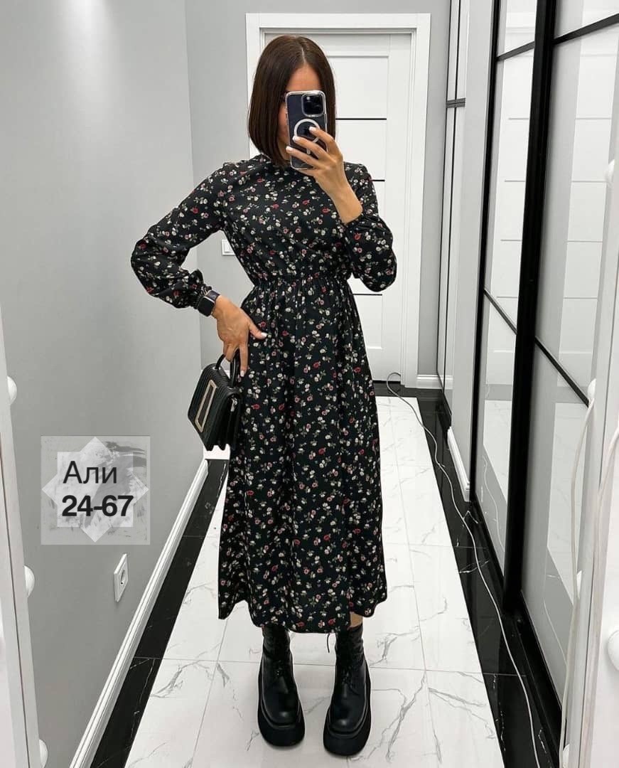 платье женское,платье женское черное в цветочек с длинным рукавом,женское платье миди,платье женское прадо,платье