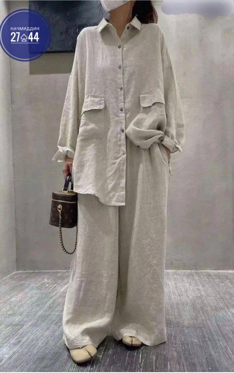 брючный костюм свободного кроя,льняной костюм женский,костюм льняной,костюм льняной женский двойка,костюм брючный льняной женский широкие брюки и рубашка moda-mo