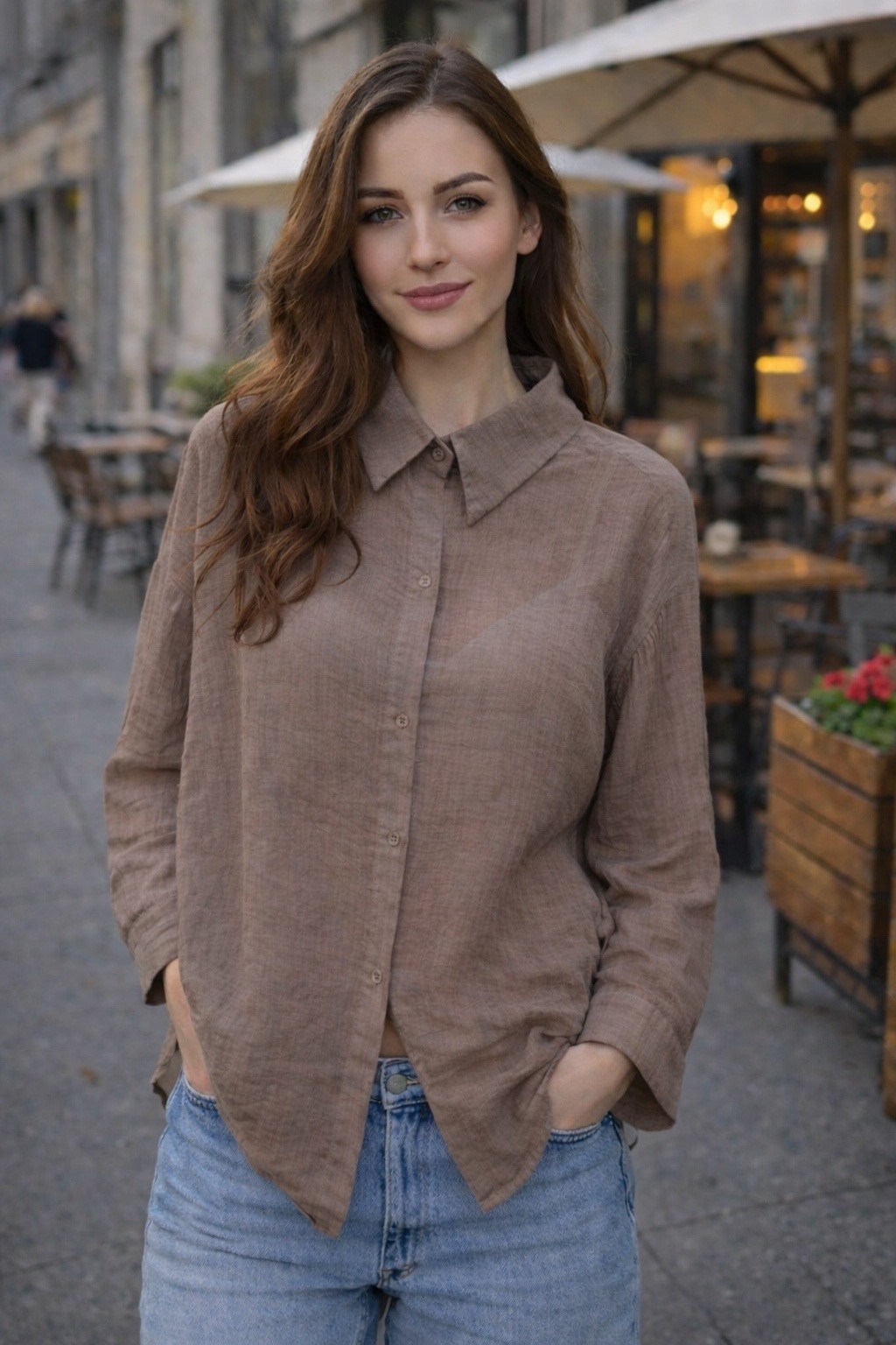 рубашка длинная женская льняная lands end,рубашка женская льняная,коричневая рубашка,льняная рубашка,рубашка женская