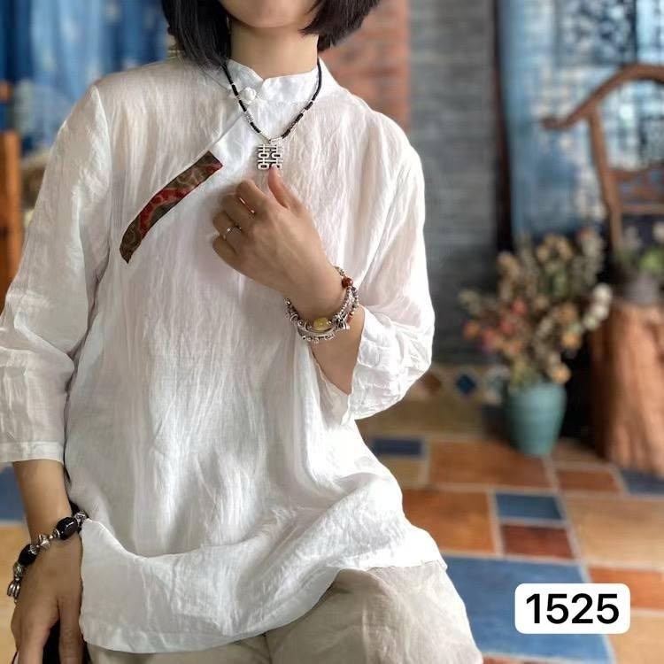 женская рубашка в китайском стиле johnature,женская рубашка из хлопка и льна,женская рубашка в китайском стиле,johnature женские рубашки в китайском стиле топы,льняная рубашка женская длинная