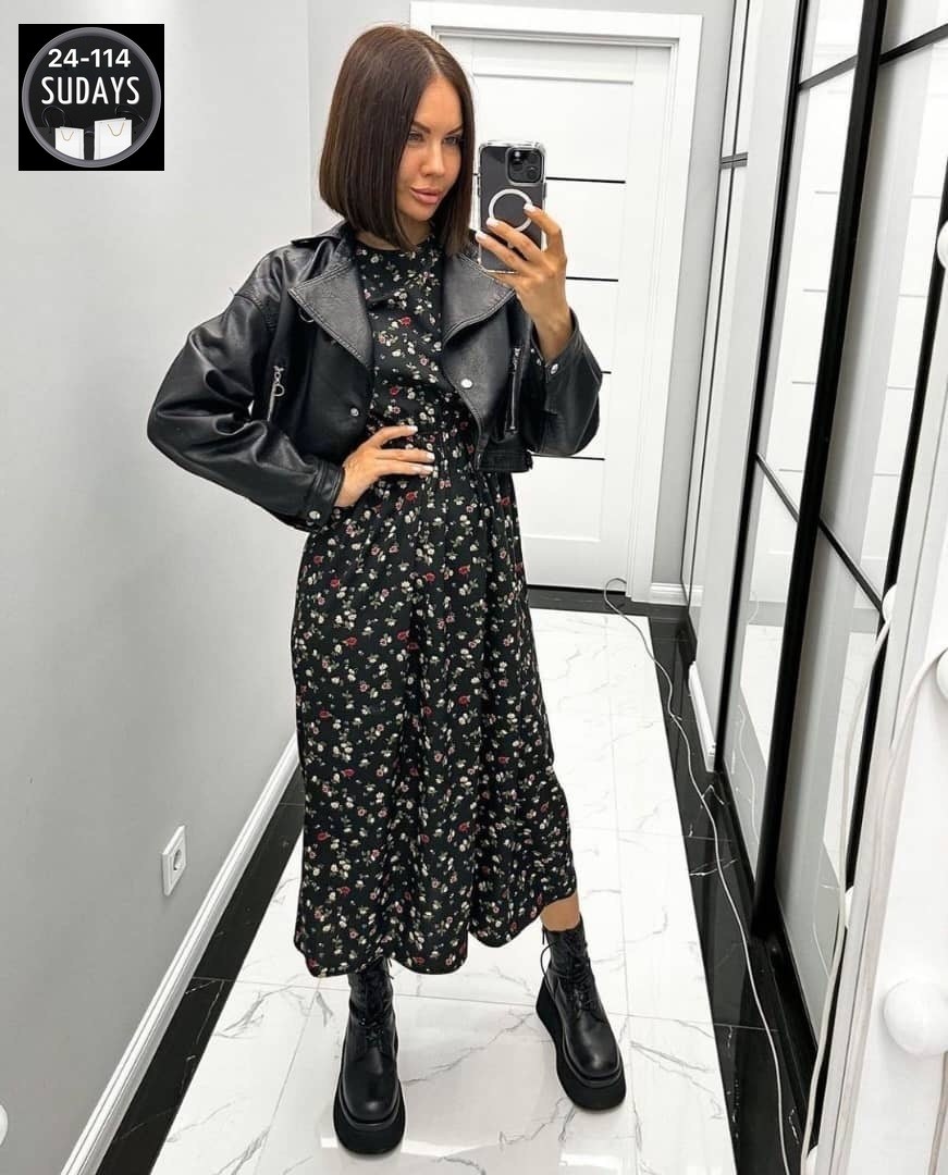 платье женское,женское платье миди,платье женское черное в цветочек с длинным рукавом,платье ,модные платья 2026
