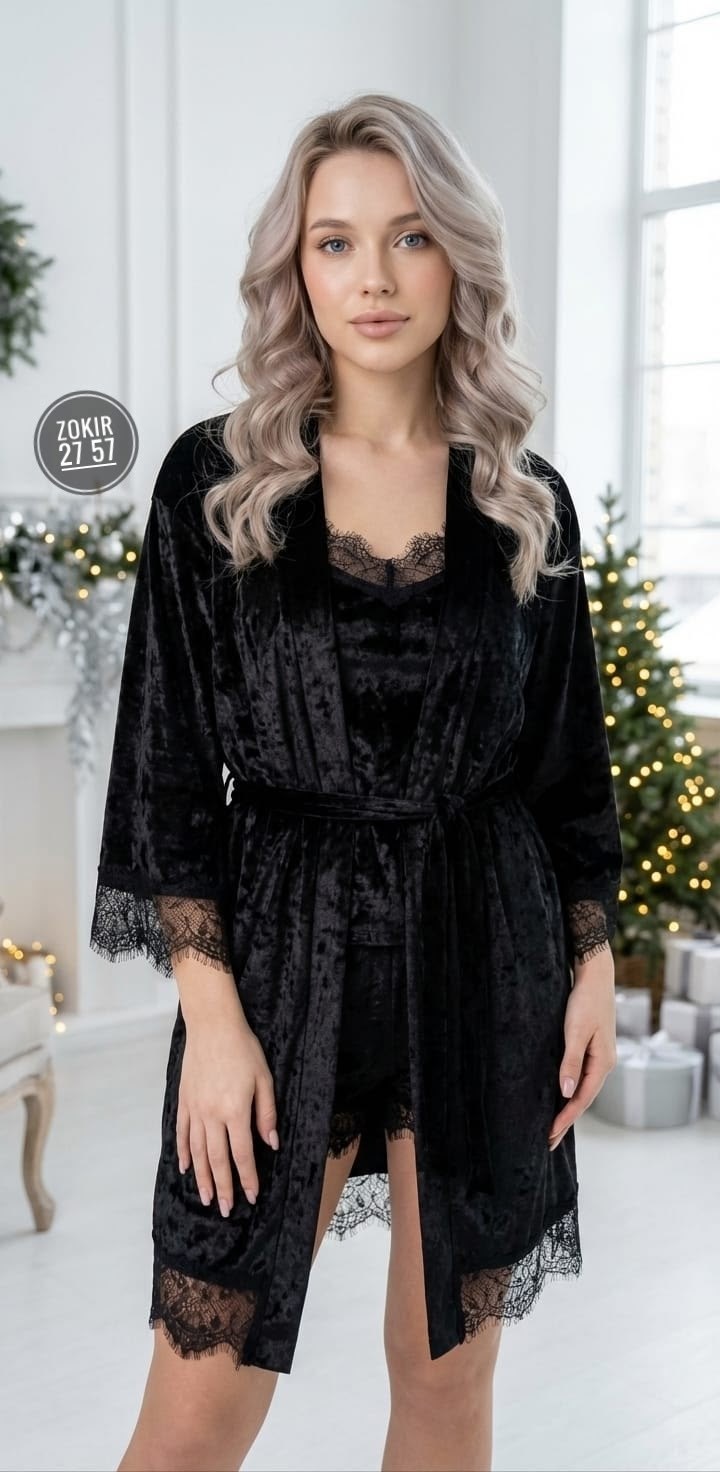 пижама тройка женская велюр,пижама женская велюр,пижама с шортами и халатом велюровая кружевная,пижама женская тройка велюровая,пижама женская