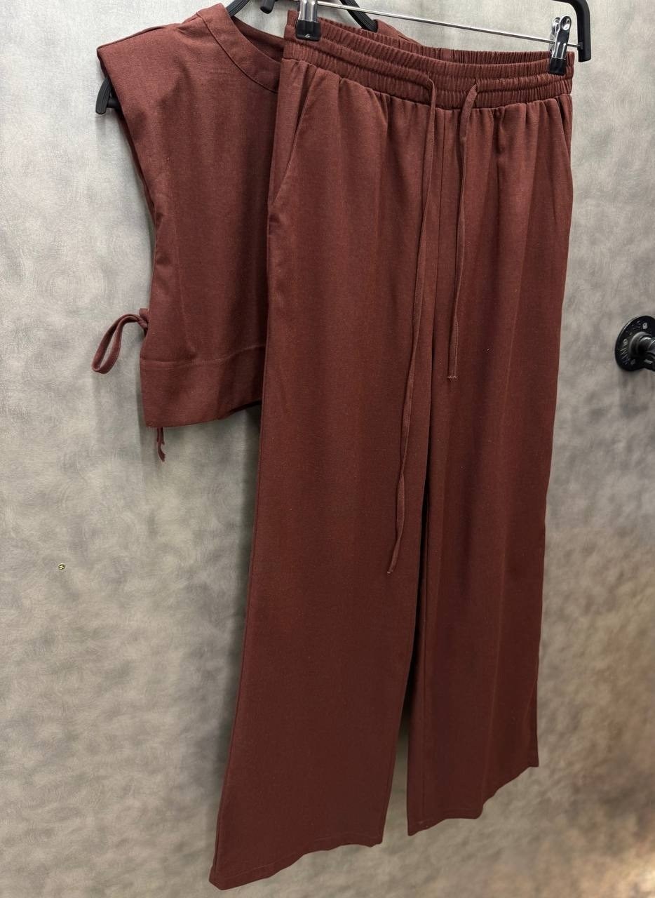 комплект укороченных топов,костюм женский льняной,костюм с брюками,укороченные топы,брюки повседневные модные