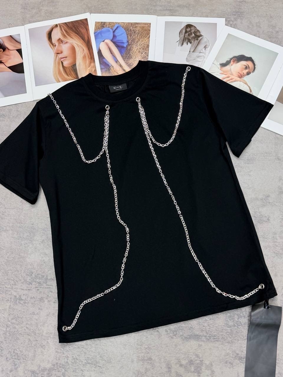 футболка с цепью,женская футболка,футболка с принтом,футболка,футболка оверсайз с цепочкой из страз sela