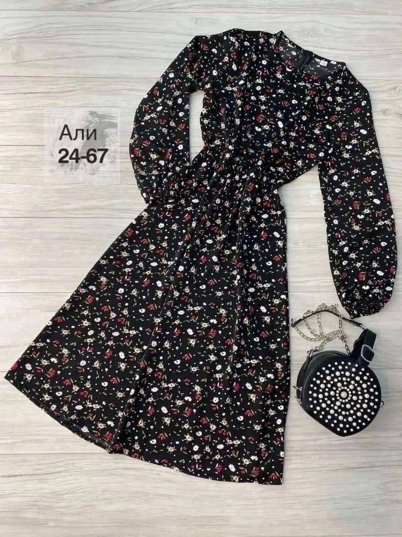 платье женское,платье женское черное в цветочек с длинным рукавом,женское платье миди,платье женское прадо,платье