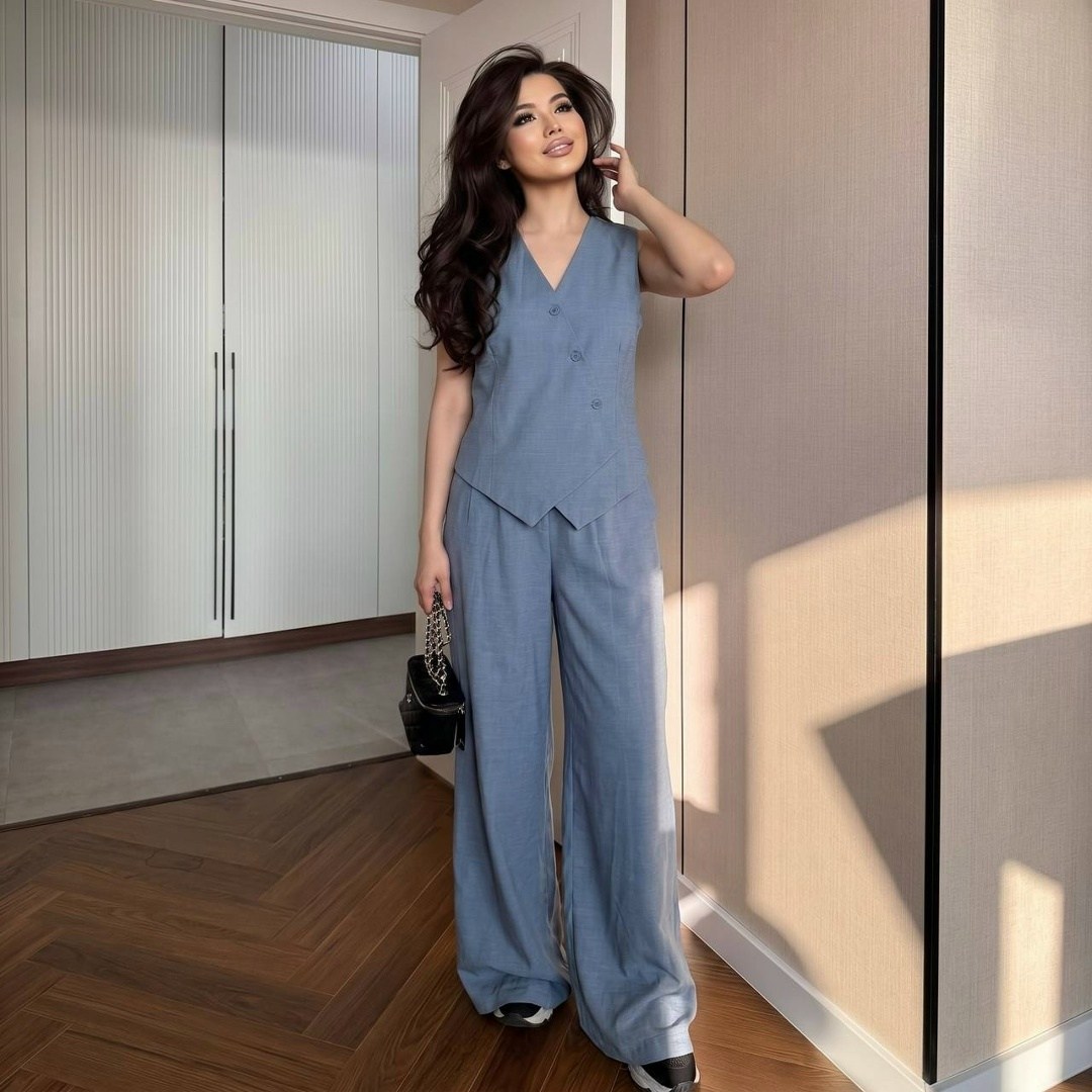 брючный костюм,женский брючный костюм,костюм льняной летний брючный с жилетом и брюками паллацо by fiola,брючный костюм с жилетом женский,костюм женский