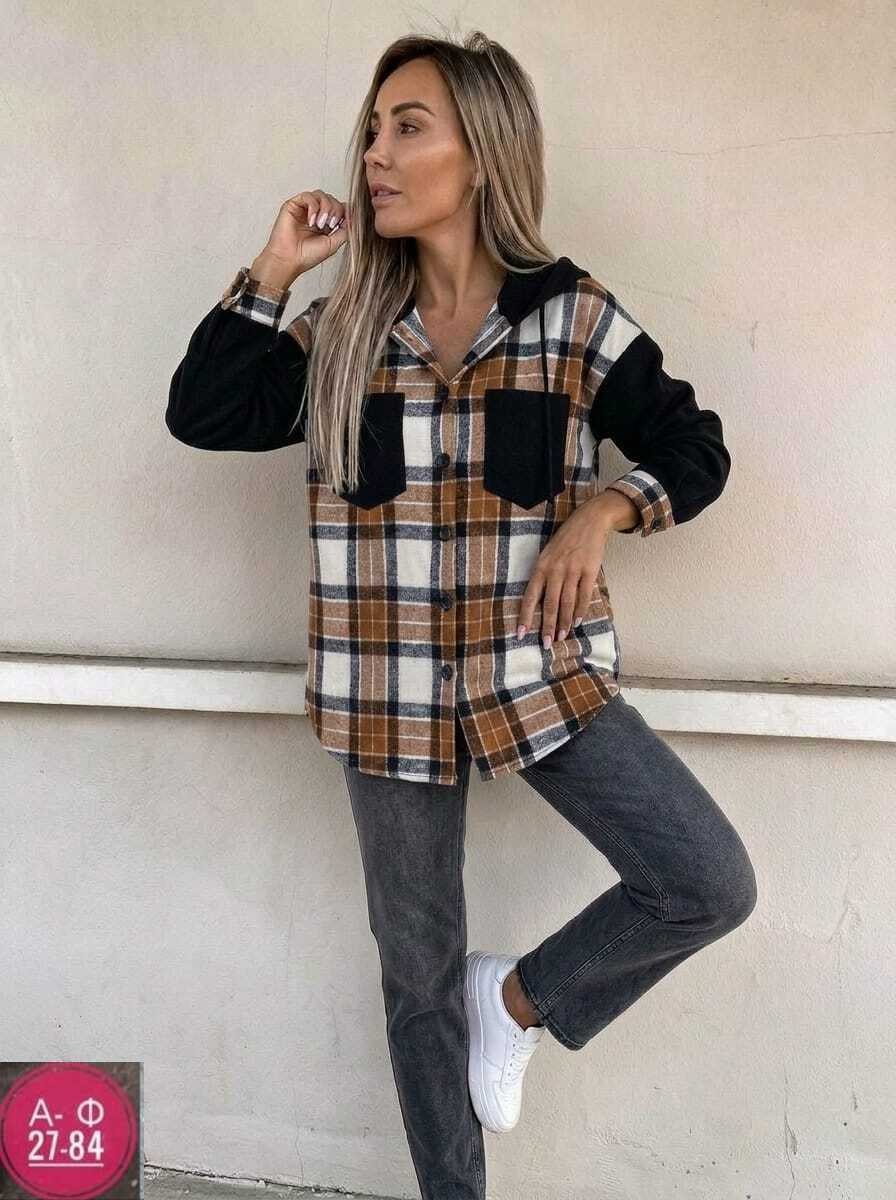 женская рубашка в клетку,рубашка женская удлиненная в клетку,женская рубашка,рубашка оверсайз в клетку с капюшоном,рубашка женская в клетку теплая