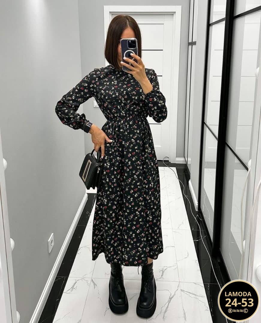 платье женское,платье женское черное в цветочек с длинным рукавом,модные платья 2026,женское платье миди,платье