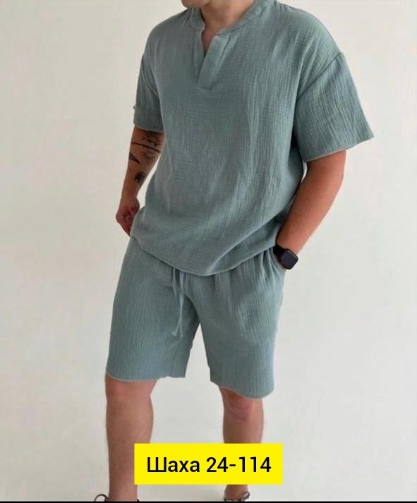 муслиновый мужской костюм с шортами,костюм летний мужской,мужской костюм с шортами,мужской летний костюм из муслина,костюм мужской с шортами и футболкой