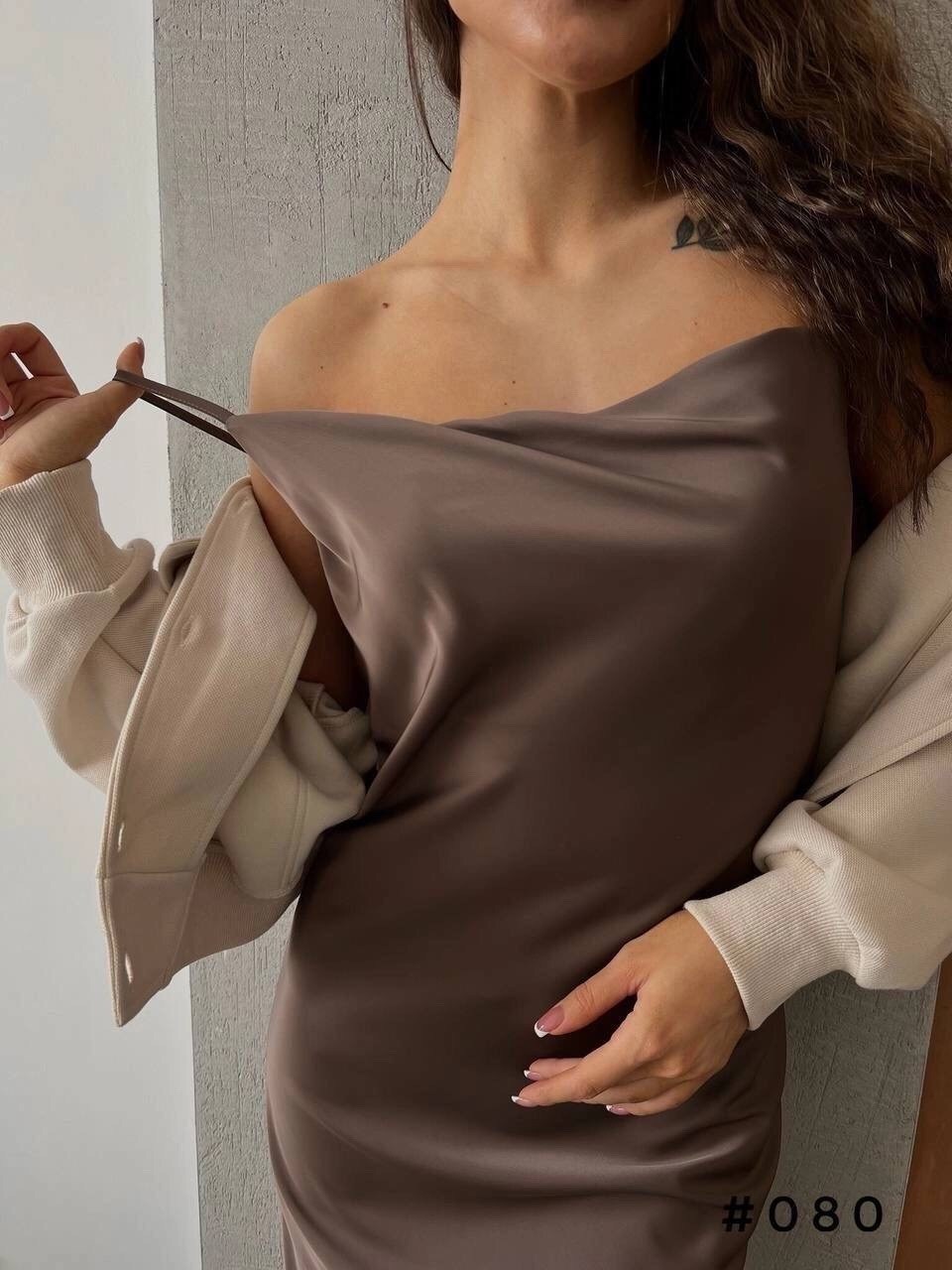 шелковое платье-мини на бретелях темно-серый графит миди,платье комбинация миди с бретельками so&fa,шелковое платье комбинация на бретелях темно-серое миди,шелковое платье,шелковое платье миди