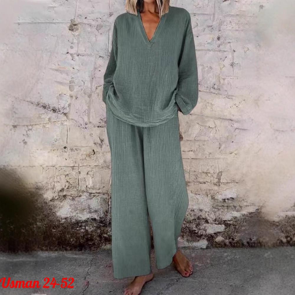 женский модный однотонный костюм zanzea,модный однотонный костюм zanzea с длинным рукавом,брючный костюм повседневный,брюки широкого кроя,женский брючный костюм