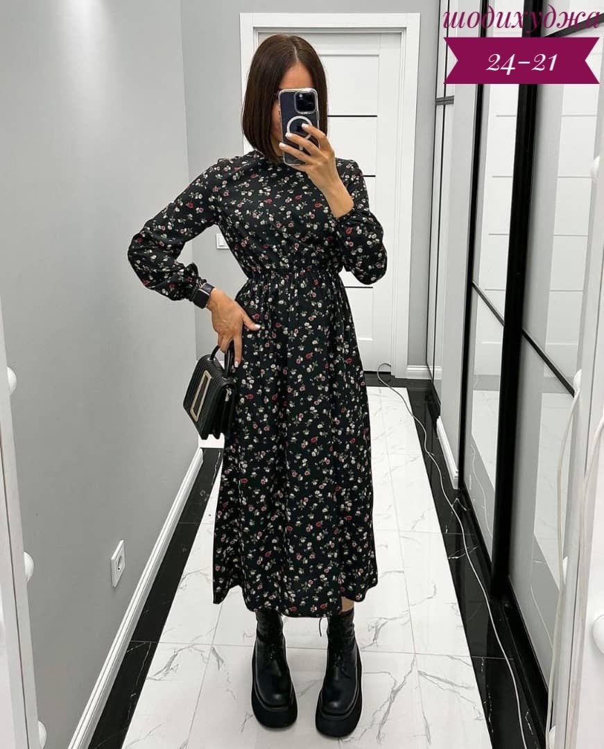платье женское,модные платья 2026,платье ,платье женское черное в цветочек с длинным рукавом,женское платье миди