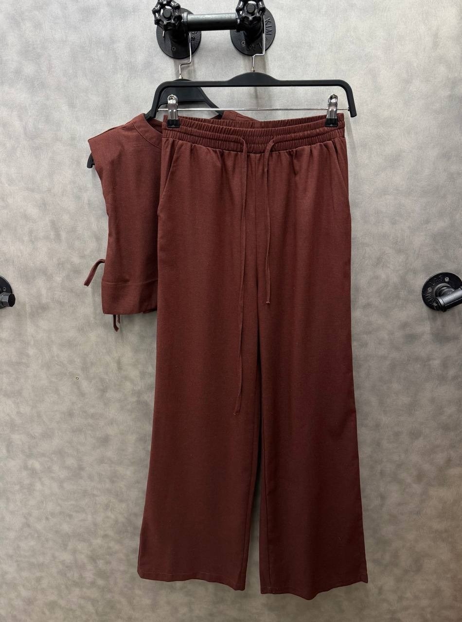 комплект укороченных топов,костюм женский льняной,костюм с брюками,укороченные топы,брюки повседневные модные