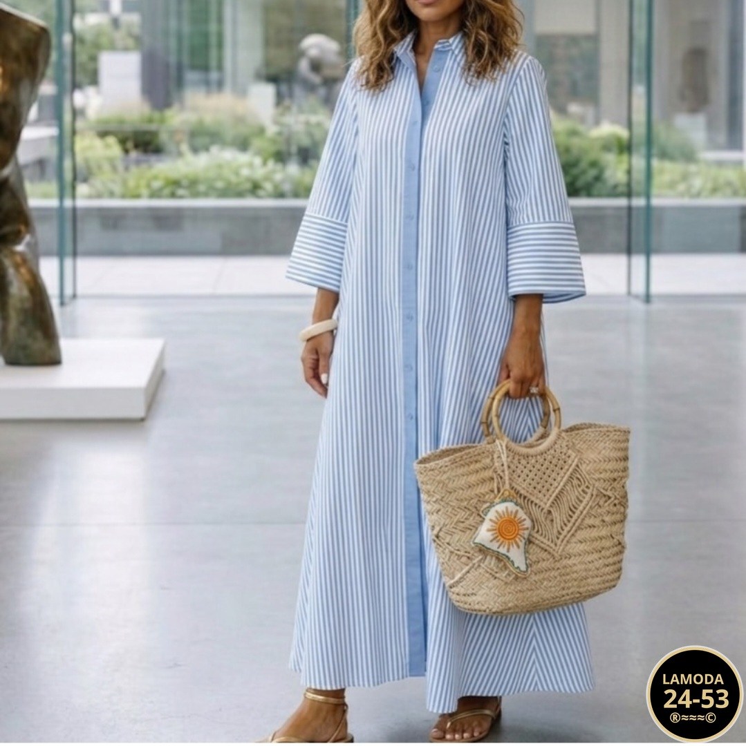 платье рубашка в полоску,женское длинное платье-рубашка в полоску,платье рубашка миди длины,платье рубашка,летнее платье рубашка