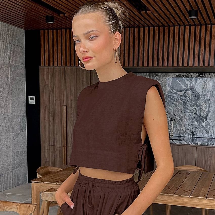 комплект укороченных топов,костюм женский льняной,костюм с брюками,укороченные топы,брюки повседневные модные