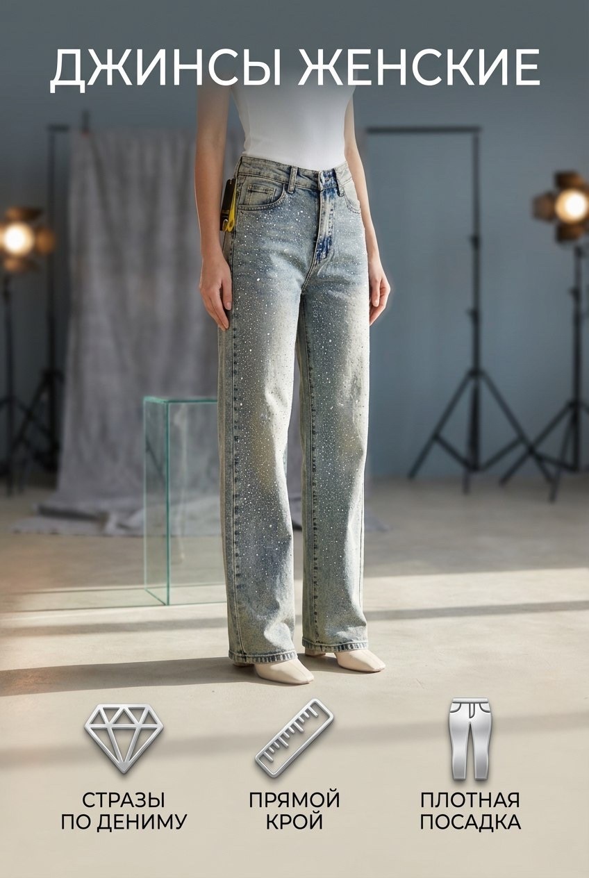 джинсы женские,модные джинсы,женские джинсы с карманами twotwinstyle,широкие джинсы,широкие джинсы со стразами