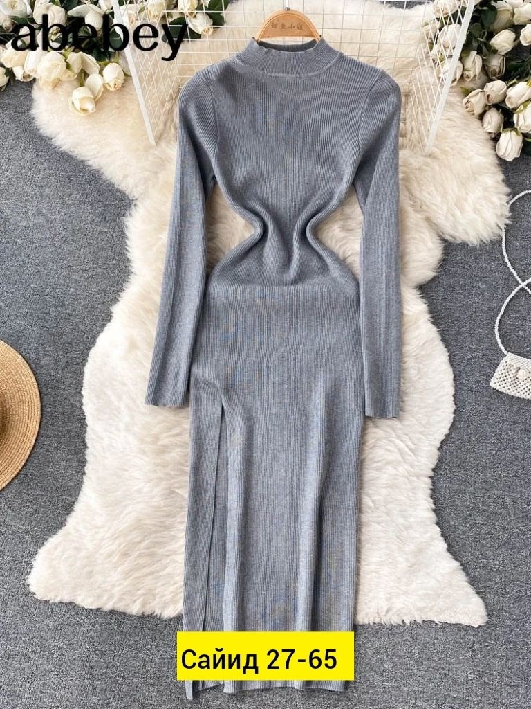 женское трикотажное платье,платье женское лапша,стильное платье с длинным рукавом,платья вязаное длинное,трикотажное платье