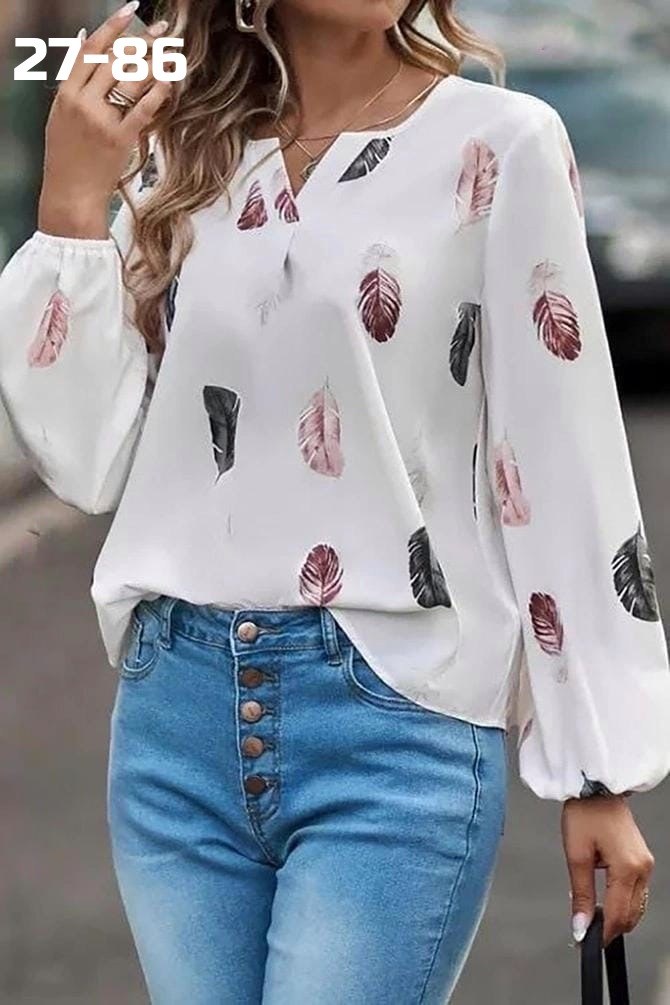 блузка с перьями принт,модная женская блузка,женская шифоновая блузка с длинными рукавами,блузка с перьями,модная блузка