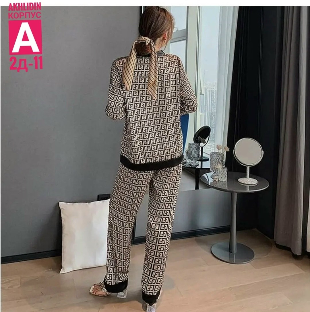 пижама шелковая фенди,пижама женская со штанами шелковая одежда для дома,женские пижамные комплекты,женская пижама,пижама женская комплект