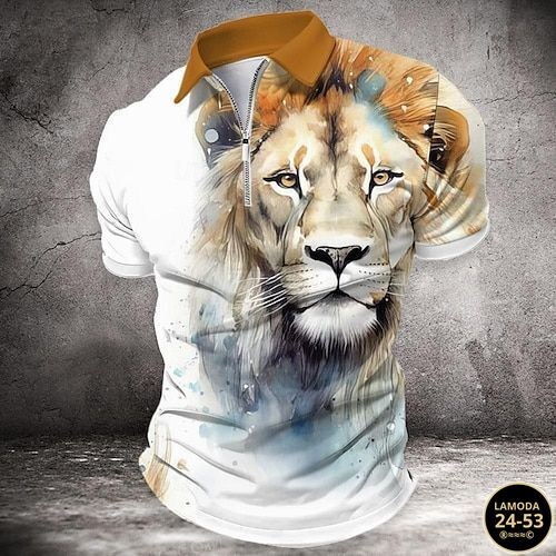 мужская рубашка поло,футболка-поло мужская с коротким рукавом с принтом льва,модные мужские поло с узором льва,футболки модные,men s polo shirt golf shirt animal lion graphic prints turndown