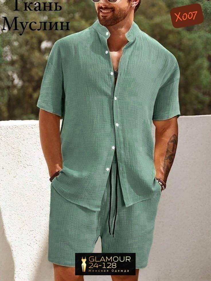 летние костюмы мужские,мужской костюм с шортами,трендовый деловой летний комплект муслин мужской костюм рубашка и шорты,костюм мужской,одежда для мужчин