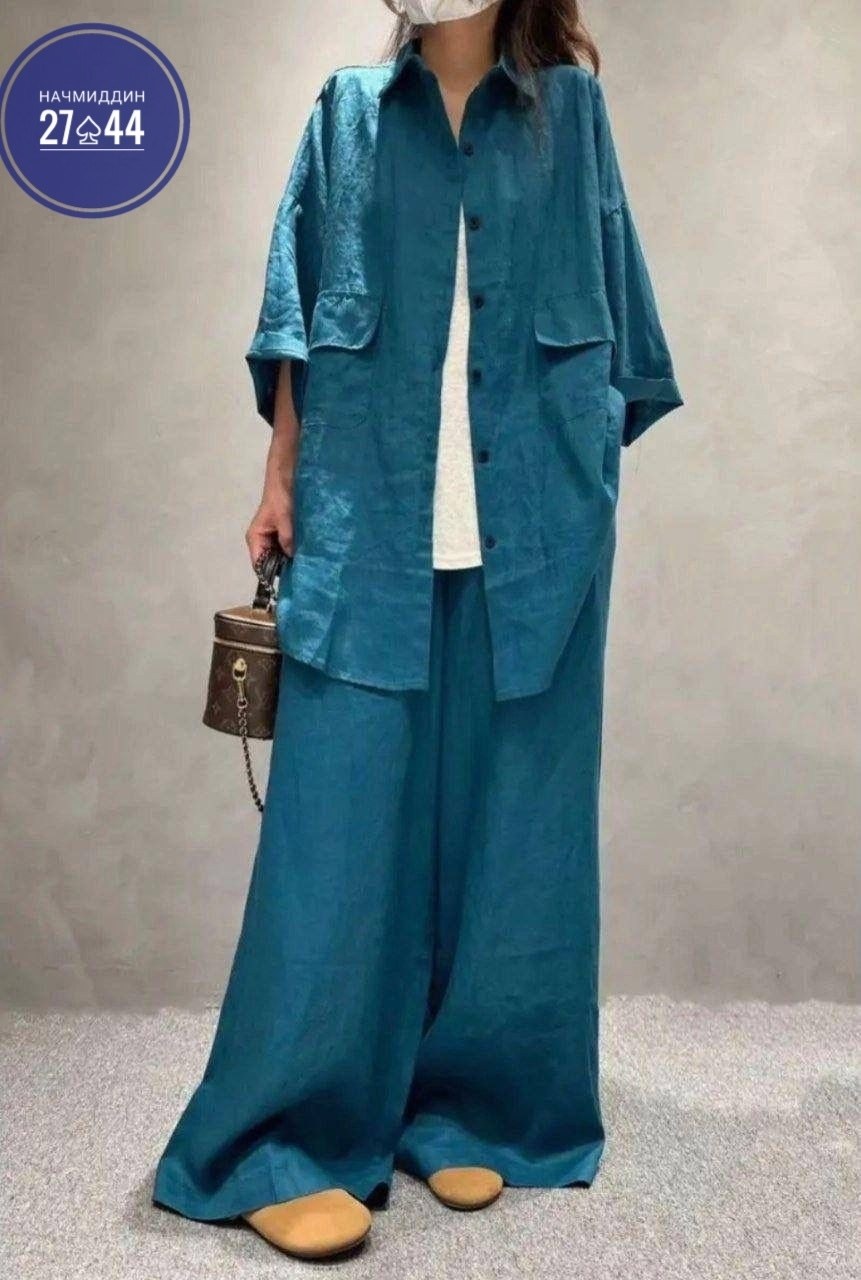 брючный костюм свободного кроя,льняной костюм женский,костюм льняной,костюм льняной женский двойка,костюм брючный льняной женский широкие брюки и рубашка moda-mo