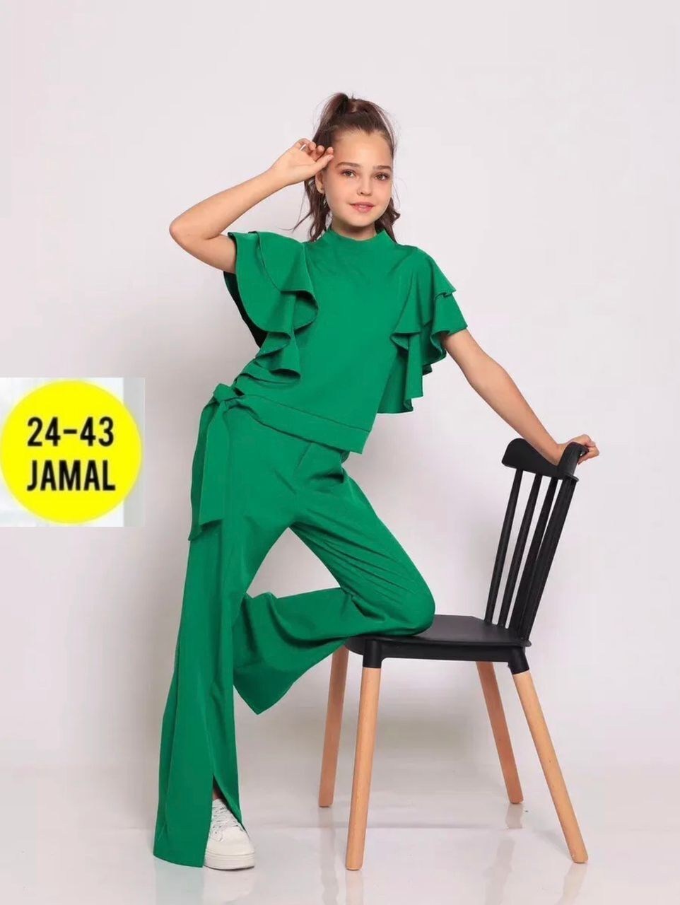 костюм брючный,костюм брючный нарядный с воланами для подростка lemada brand,костюм брючный для девочек,костюм с брюками,костюм брючный нарядный с воланами для подростка lemada brand цвет зеленый