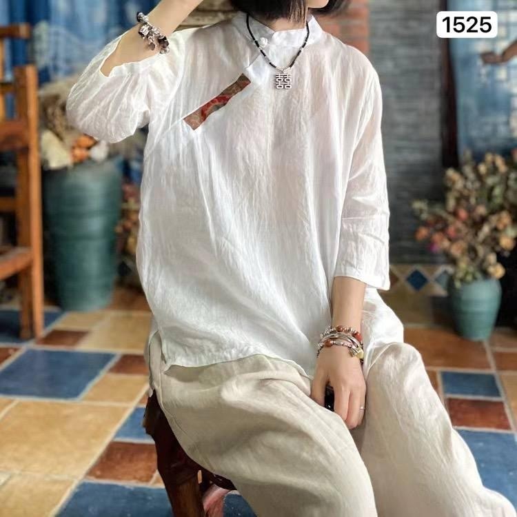 женская рубашка в китайском стиле johnature,женская рубашка из хлопка и льна,женская рубашка в китайском стиле,johnature женские рубашки в китайском стиле топы,льняная рубашка женская длинная