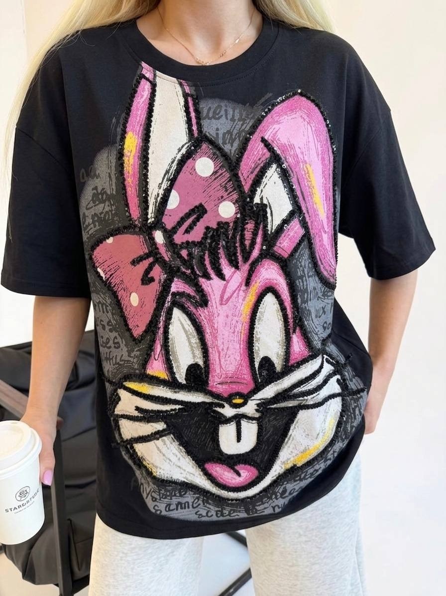 футболки женская,футболка варенка оверсайз с принтом bugs bunny,футболки женская оверсайз,футболки женские с принтом,футболка с зайцем