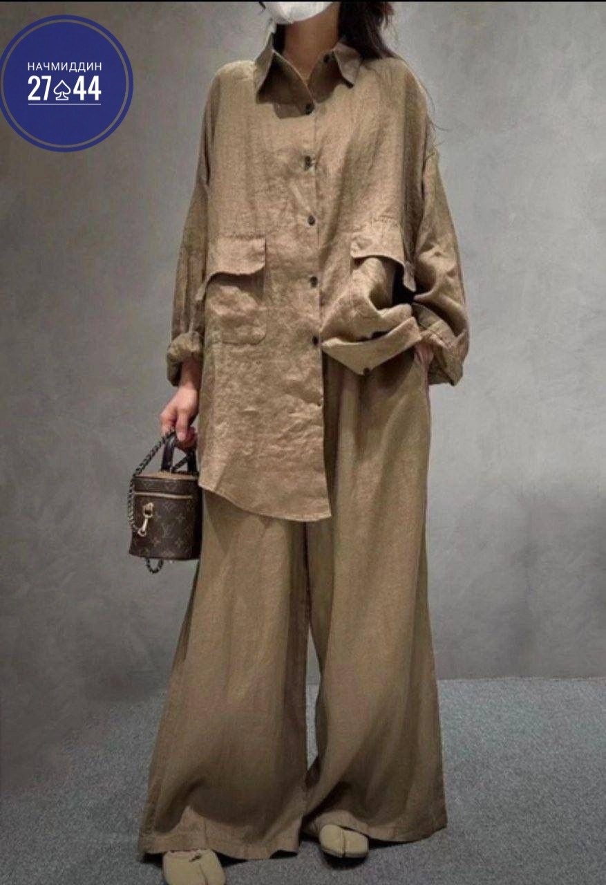 брючный костюм свободного кроя,льняной костюм женский,костюм льняной,костюм льняной женский двойка,костюм брючный льняной женский широкие брюки и рубашка moda-mo