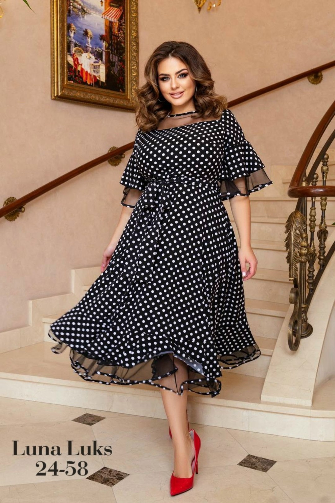 платье нарядное,модное платье,платье миди,женское платье в горошек,платье ткань софт