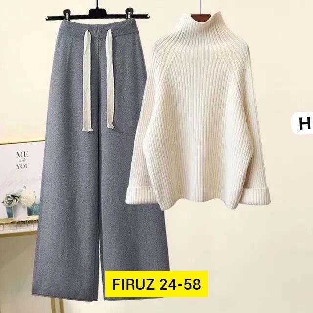 трикотажный костюм женский с брюками,женский костюм лапша,комплект одежды женские,женский комплект из большого свитера с высоким воротником и широких брюк,трикотажные брюки