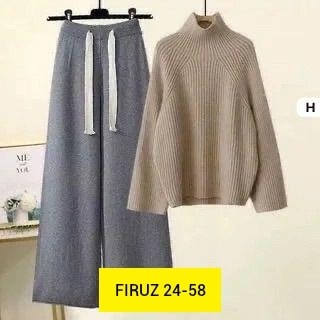 трикотажный костюм женский с брюками,женский костюм лапша,комплект одежды женские,женский комплект из большого свитера с высоким воротником и широких брюк,трикотажные брюки