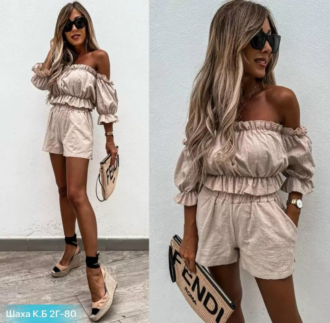 летние костюмы,женские комплекты из топа,летний женский костюм,шорты с оборками,костюм на лето