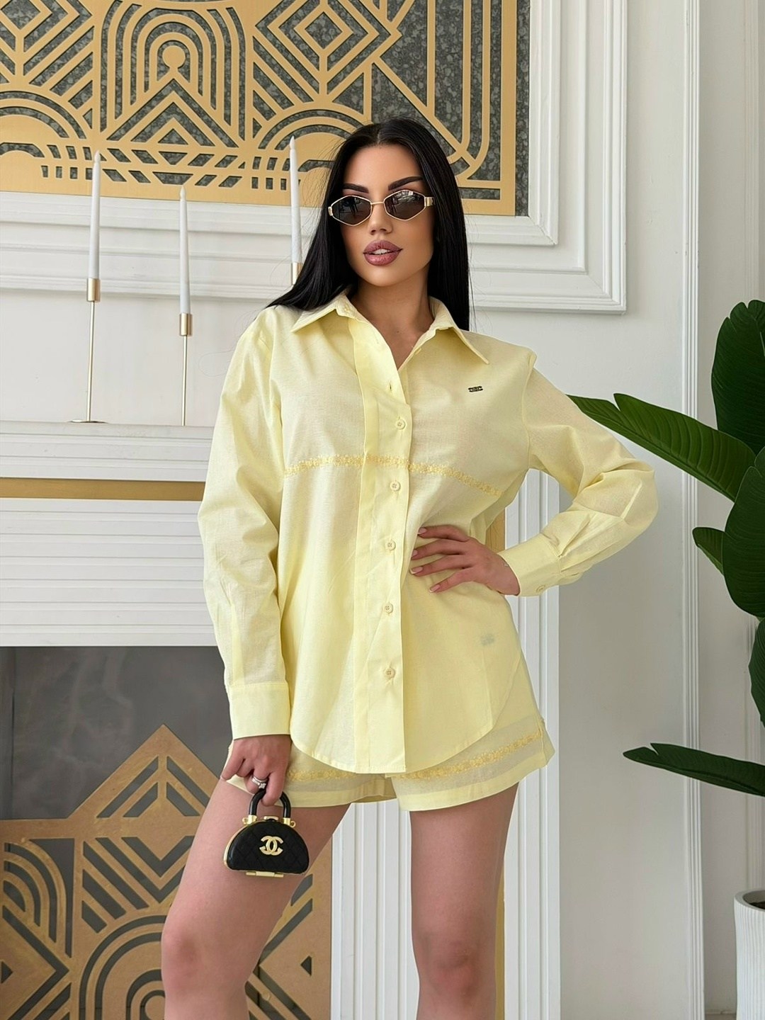 женский костюм с шортами,рубашка модная,желтая рубашка,костюм с шортам,рубашка льняная