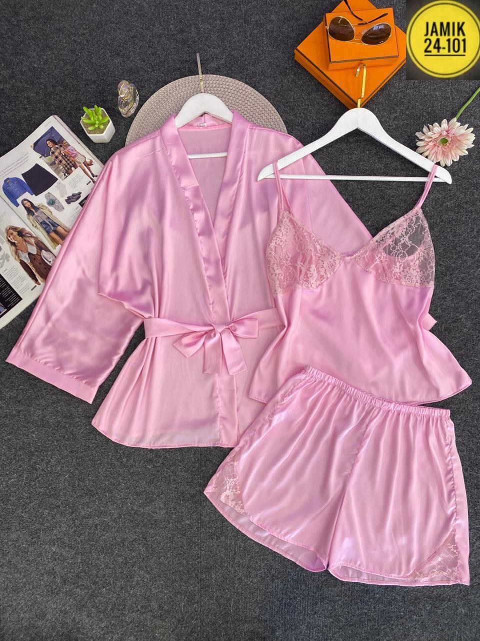 женская пижама комплект,женские пижамные комплекты,женский атласный пижамный комплект с халат,халат неглиже,шелковый женский халат