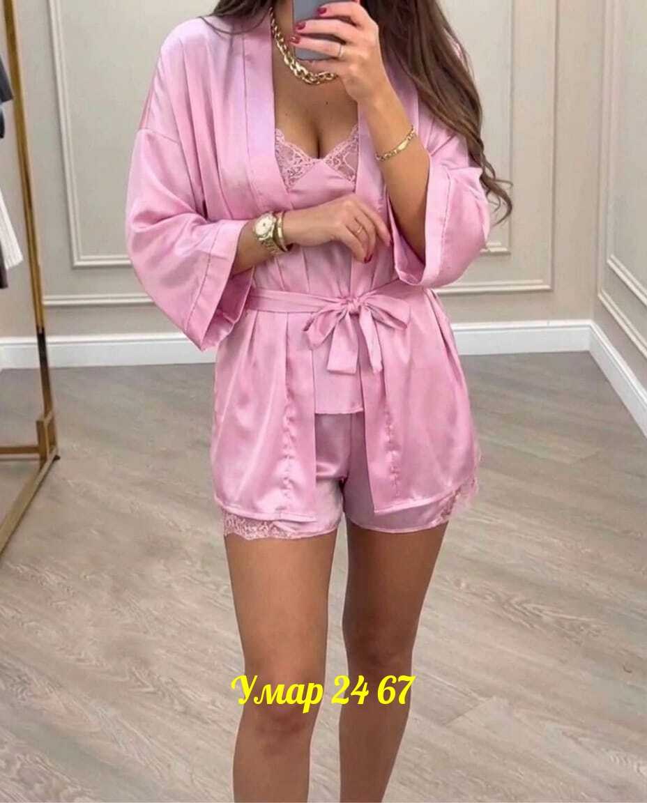 пижама комплект,халат розовый,халат с поясом,халат неглиже,пижама женская атласная