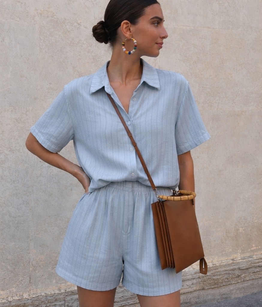костюм женский летний с шортами и рубашкой из льна,костюм женский летний с шортами и рубашкой,костюм летний с шортами рубашкой льняной в полоску из льна betrendy wear,костюм женский с шортами и рубашк
