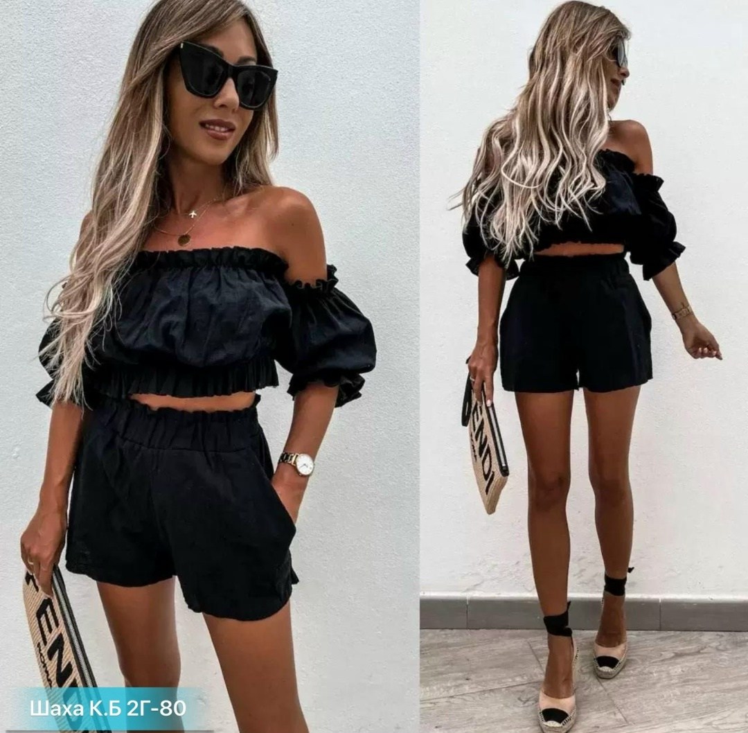 летние костюмы,женские комплекты из топа,летний женский костюм,шорты с оборками,костюм на лето