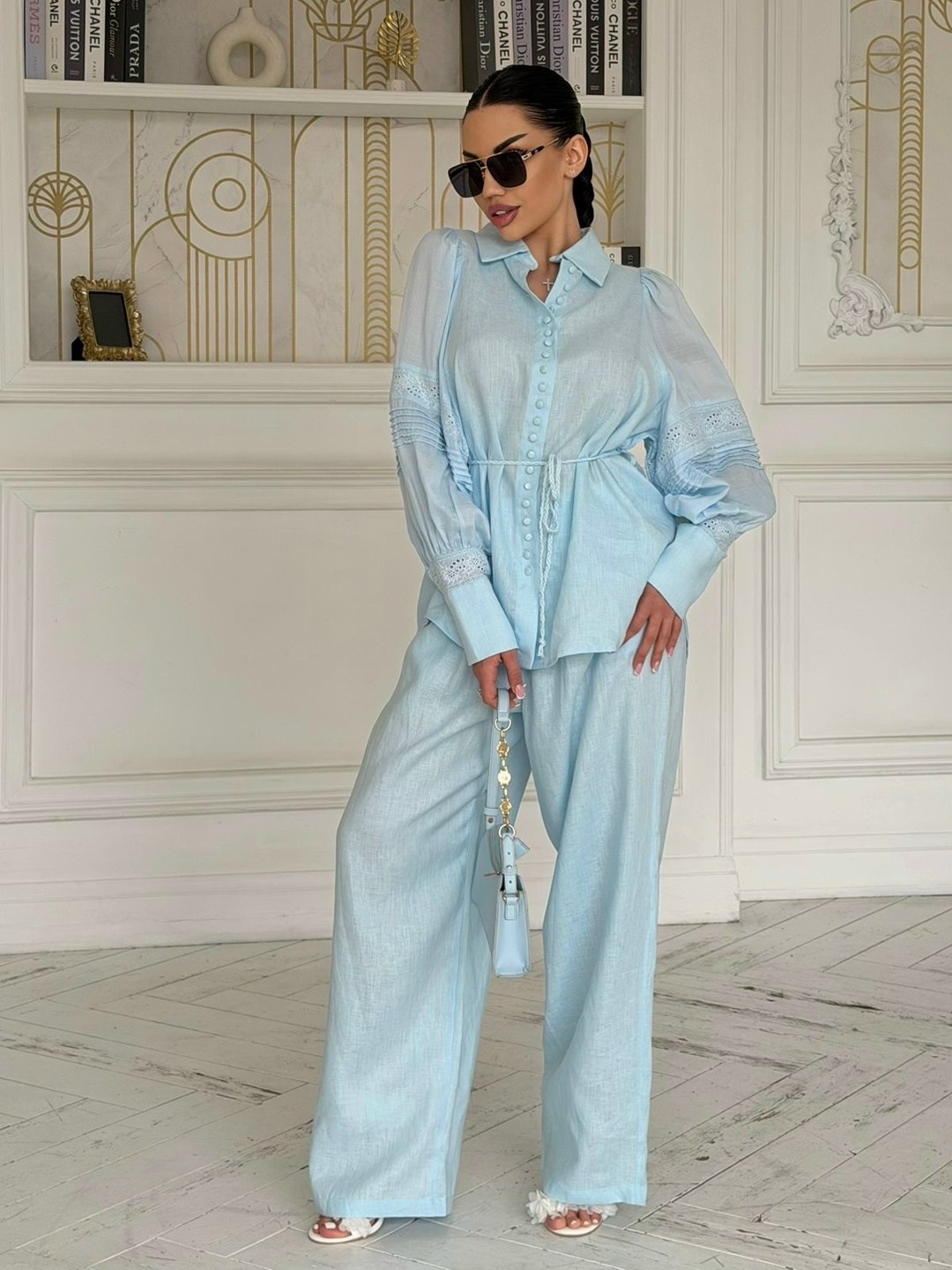 костюм женский льняной брючный,костюм льняной брючный,летний костюм брюки палаццо женский льняной с рубашкой 37thavenue небесно-голубой,костюм брючный,костюм льняной женский с брюками