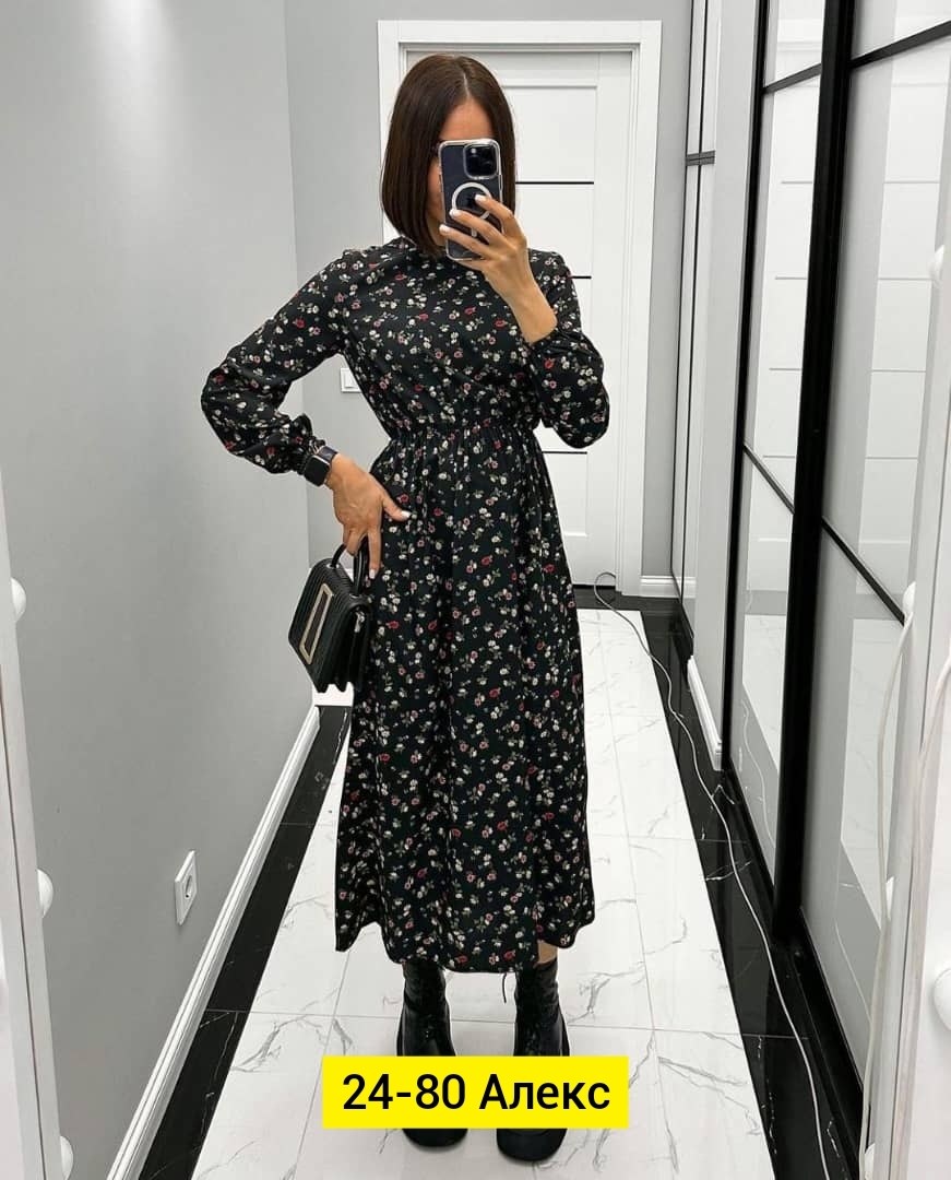 платье женское,платье женское черное в цветочек с длинным рукавом,модные платья 2026,платье женское прадо,женское платье миди