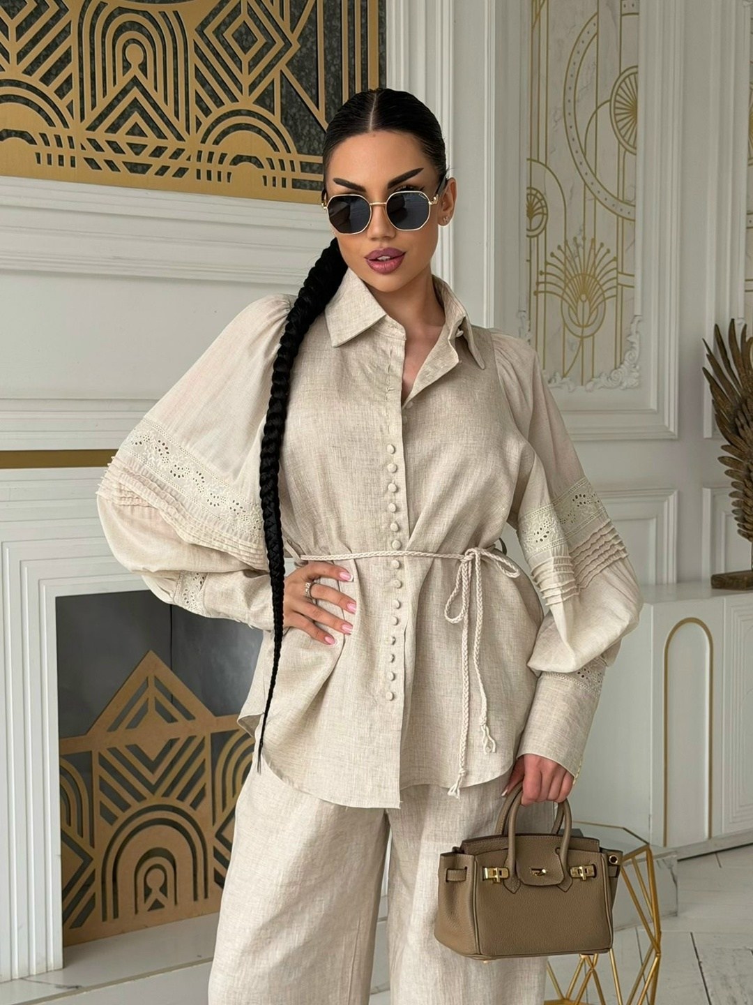 костюм женский льняной брючный,костюм льняной брючный,летний костюм брюки палаццо женский льняной с рубашкой 37thavenue небесно-голубой,костюм брючный,костюм льняной женский с брюками