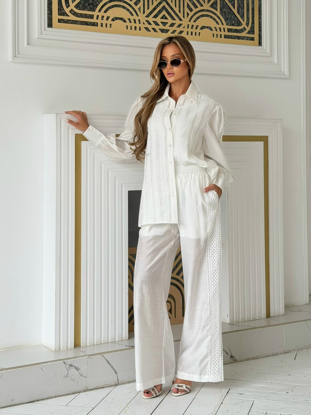 рубашка хлопковая оверсайз emberens 246727004,брючный костюм,белые костюмы,костюм повседневный,женский костюм