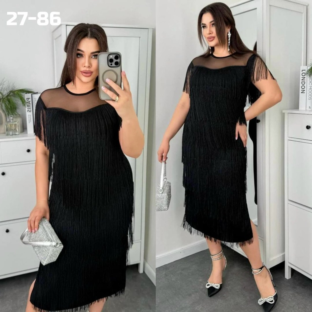 платье с бахромой для полных,платье женской,бахрома для платья,вечернее платье с бахромой,платье с бахромой черное